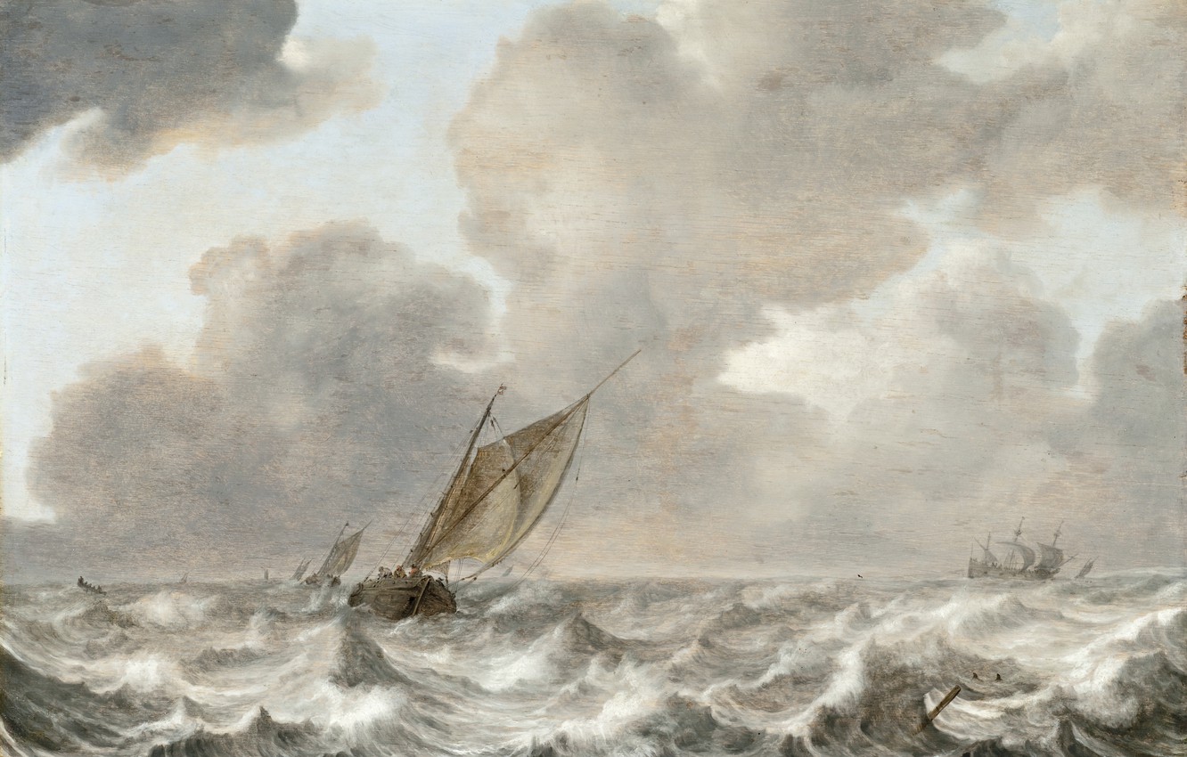 Photo Wallpaper Wave, The Sky, Clouds, Storm, Boat, - Jan Porcellis , HD Wallpaper & Backgrounds