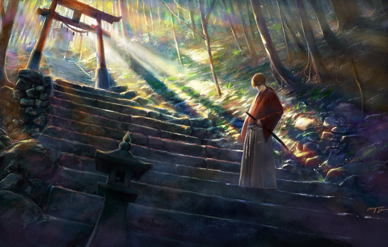 Photo Wallpaper Trees, Nature, Weapons, Katana, Anime, - Rurouni Kenshin , HD Wallpaper & Backgrounds