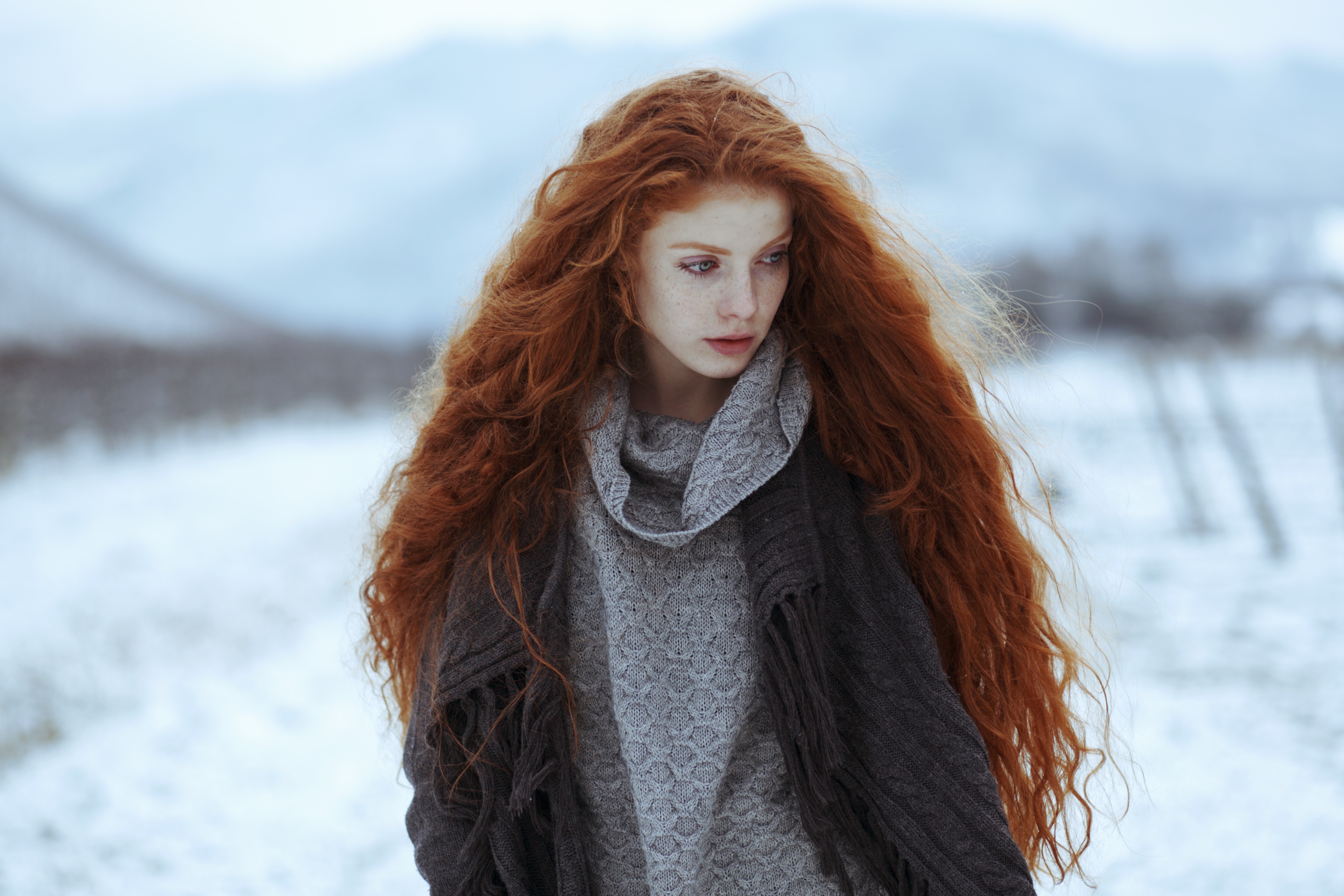 #4534827 #women, #snow, #model, #sweater, #cold, #redhead, - Ginger Hair , HD Wallpaper & Backgrounds