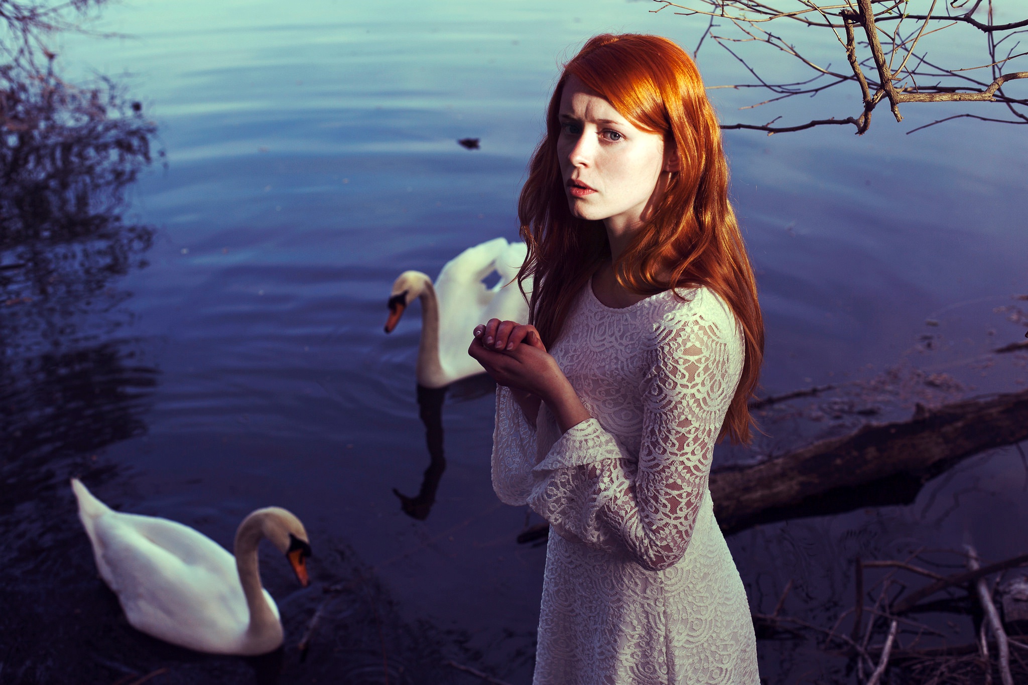 Swan, Woman, Long Hair, White Dress, Model, Girl, Redhead - Tundra Swan , HD Wallpaper & Backgrounds