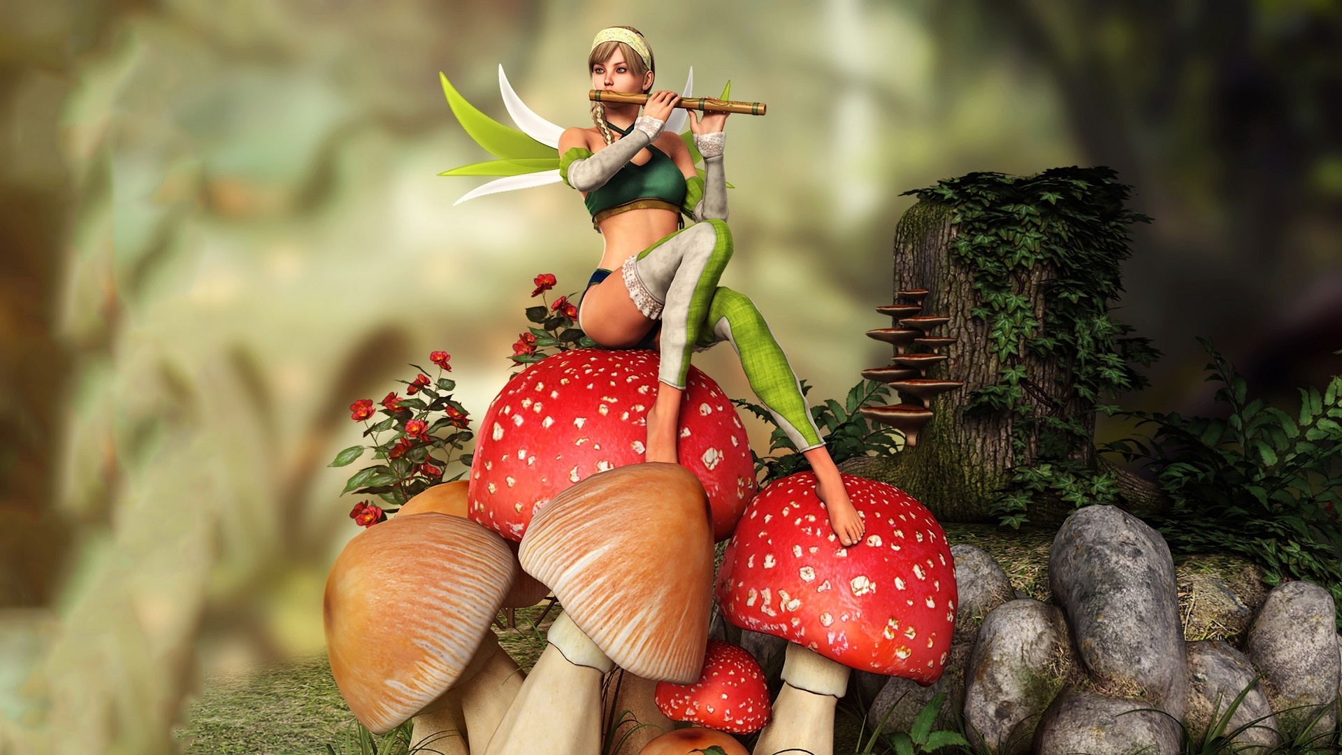 Fairy Girl Mushrooms Flute, Fairy, Mushrooms, Girl, - Fairy Flute , HD Wallpaper & Backgrounds