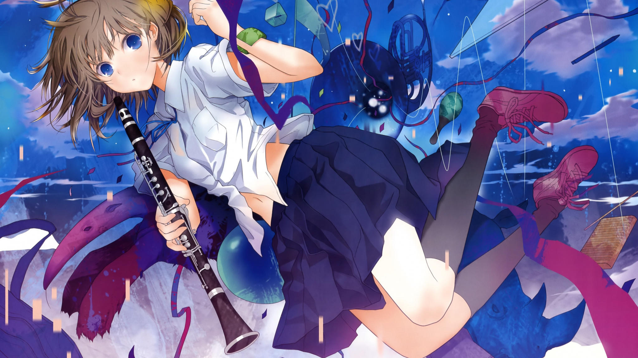 Wallpaper School Dress, Anime Girl, Flute - Anime Girl Skirt Flying , HD Wallpaper & Backgrounds