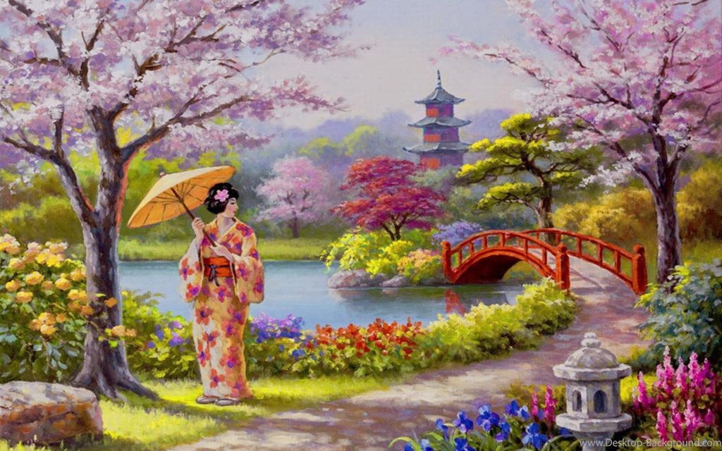 Cherry Blossom Landscape Painting , HD Wallpaper & Backgrounds