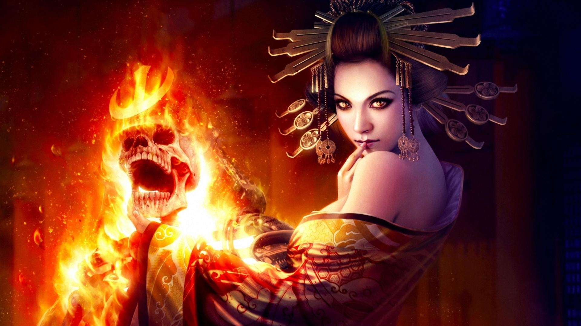 A Fiery Geisha [1920x1080] - Fire Women Fantasy Art , HD Wallpaper & Backgrounds