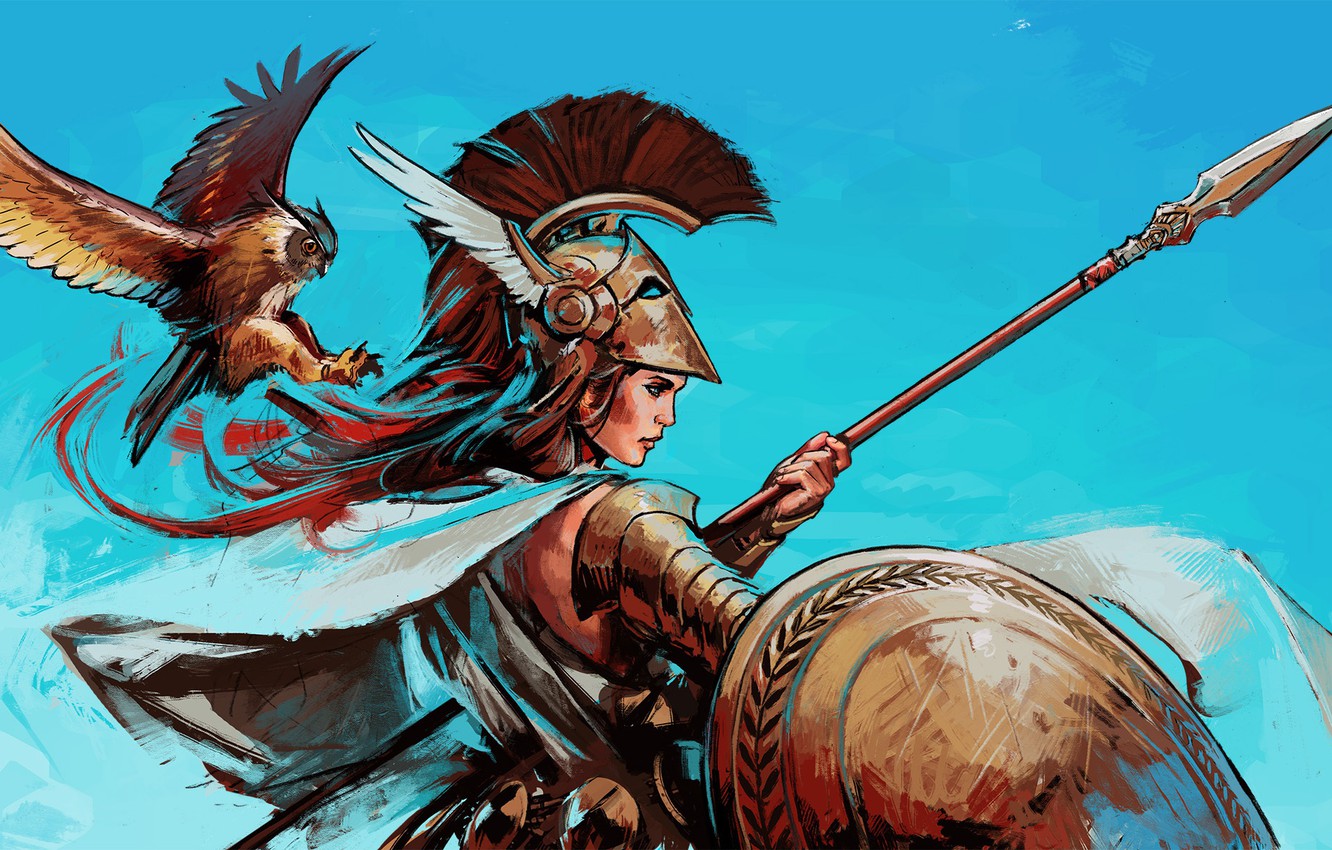 Photo Wallpaper Bird, God, Helmet, Spear, Shield, Goddess, - Greek Mythology Athena Helmet , HD Wallpaper & Backgrounds