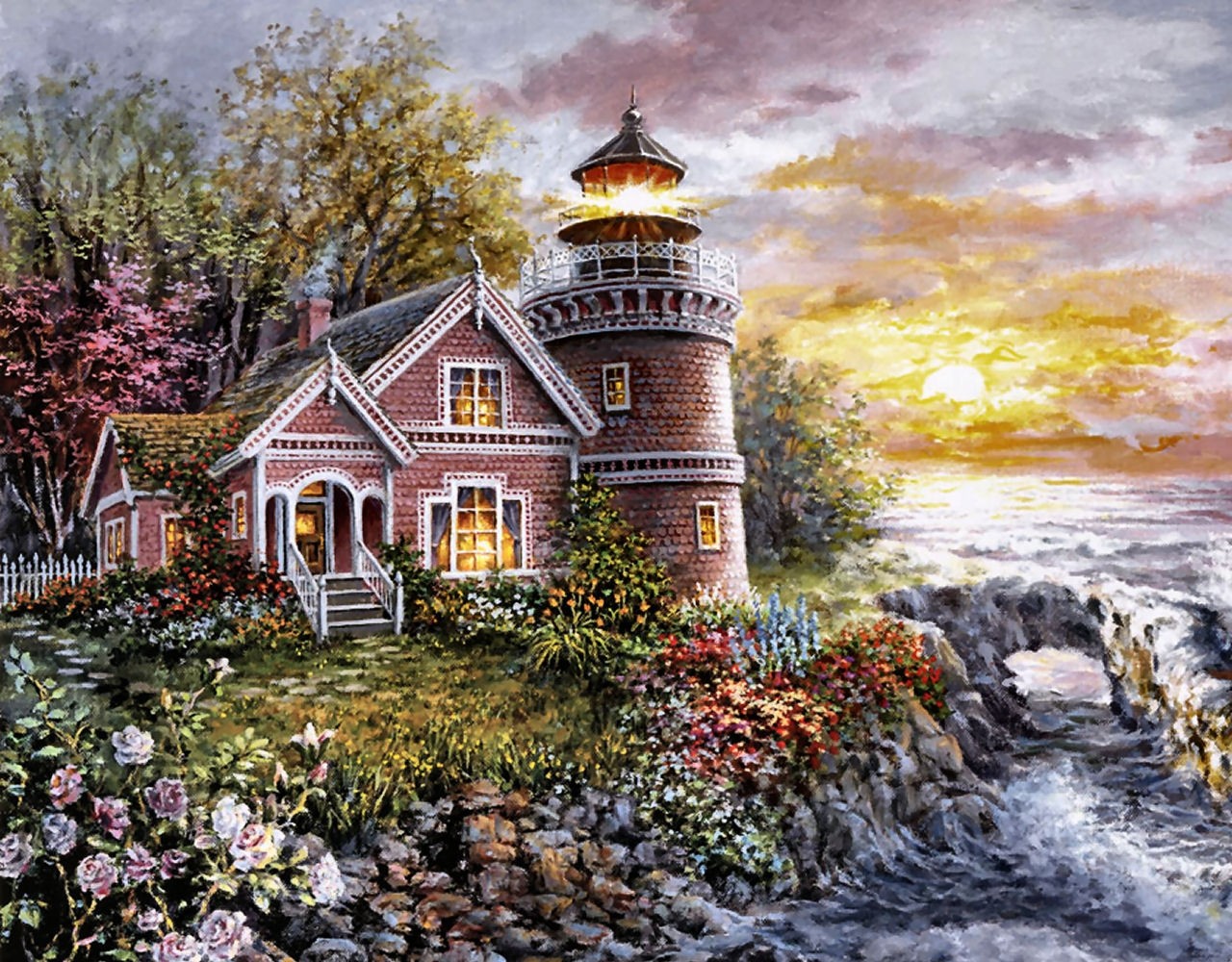 Vigilant Sentry Sunset Scenery Coast Painting Lighthouse - Lighthouses In The Spring , HD Wallpaper & Backgrounds