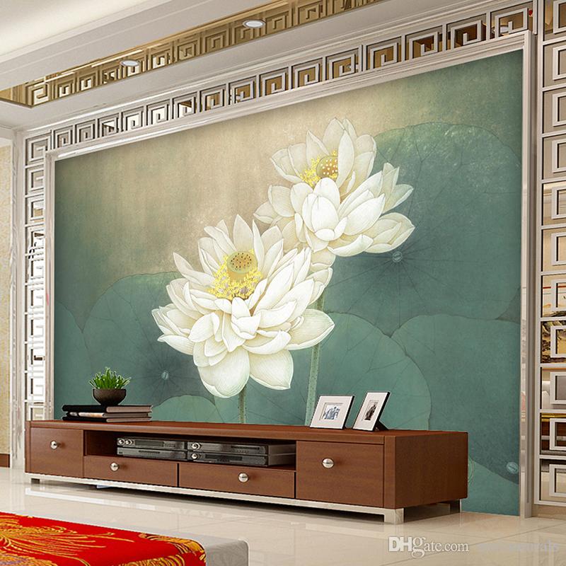 Large Custom Wall Mural Wallpaper Lotus Painting Living - Lotus Painting In Wall , HD Wallpaper & Backgrounds