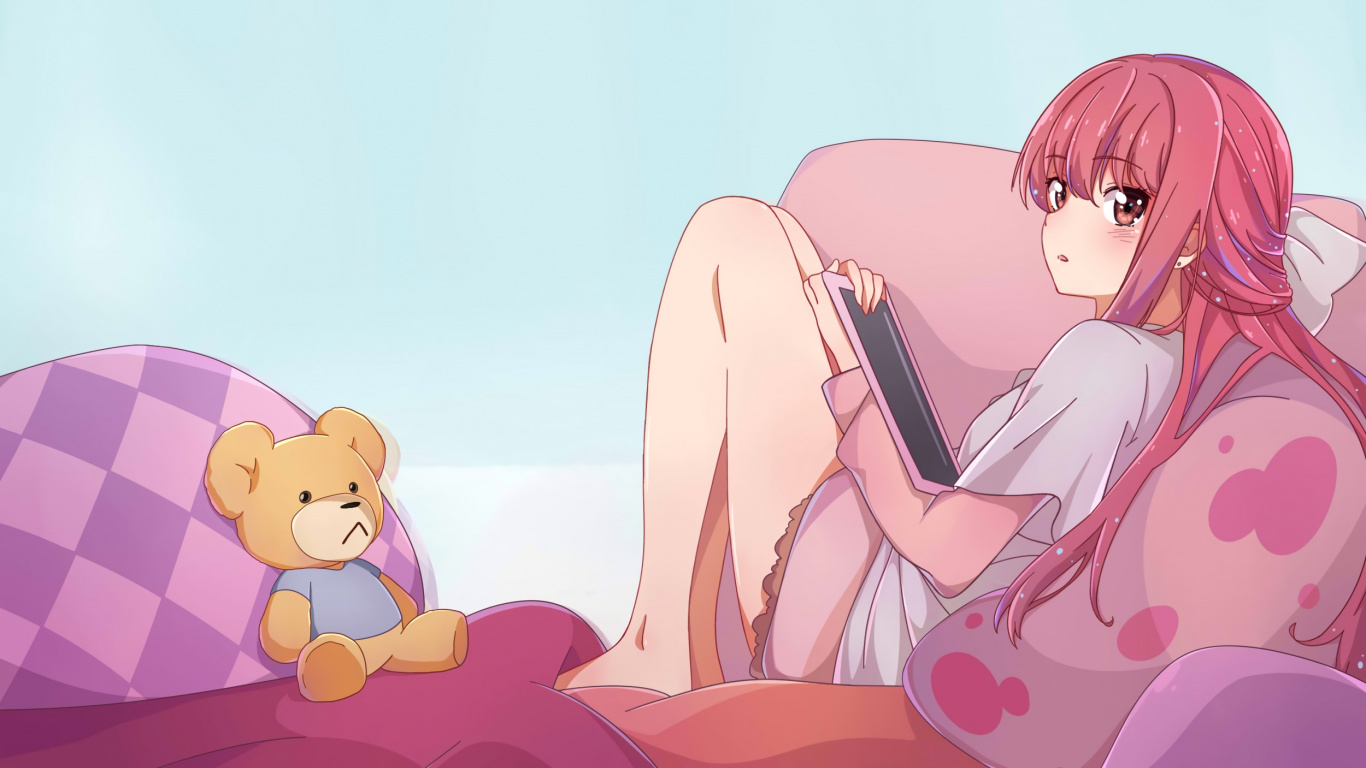 Wallpaper Rin, Shelter, Anime Girl, Sit, Teddy Bear - Anime Girl Rin Shelter , HD Wallpaper & Backgrounds