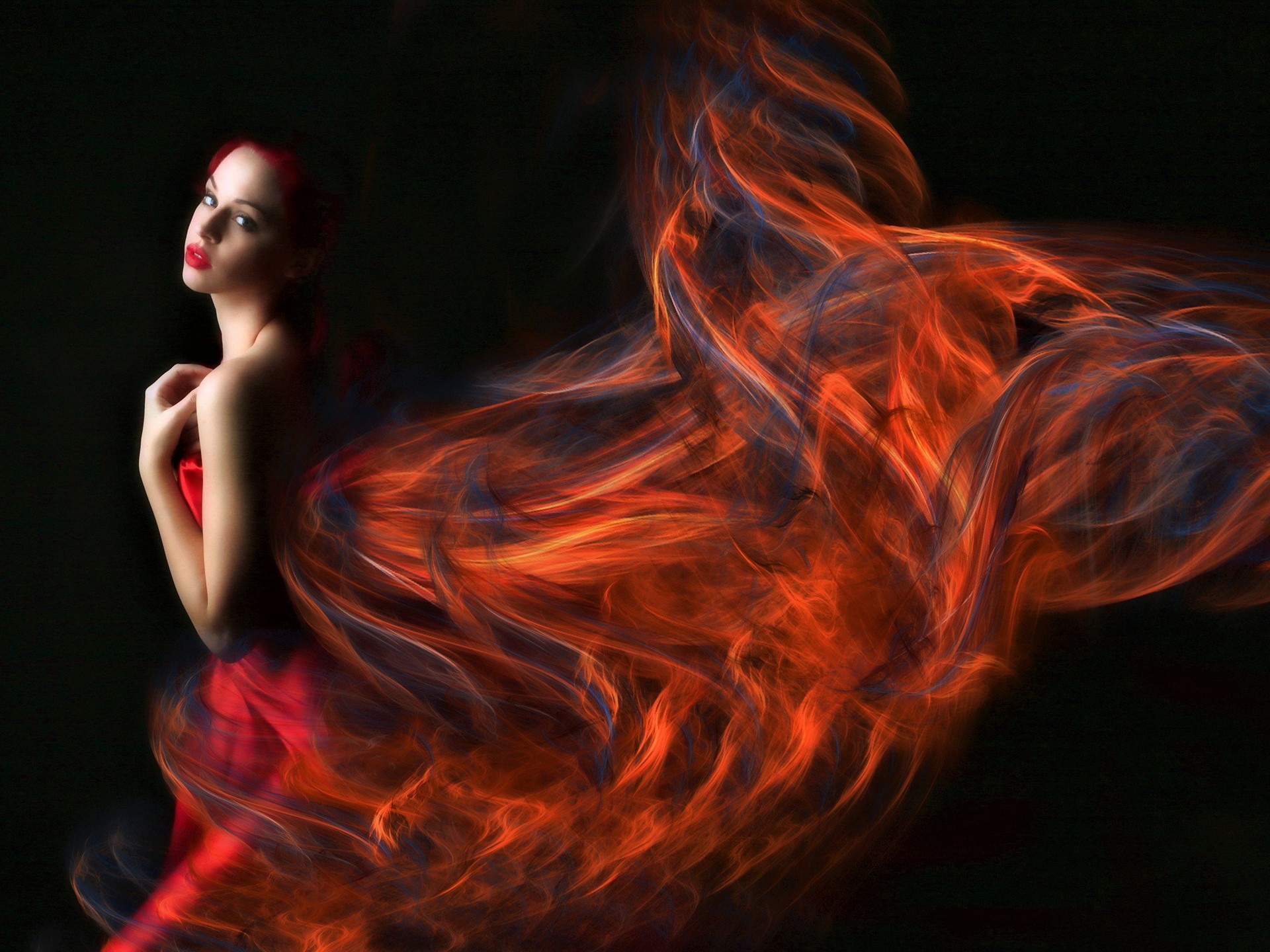 Red-haired Girl Surrounded By Orange And Black Smoke - Beautiful Creative Girl , HD Wallpaper & Backgrounds