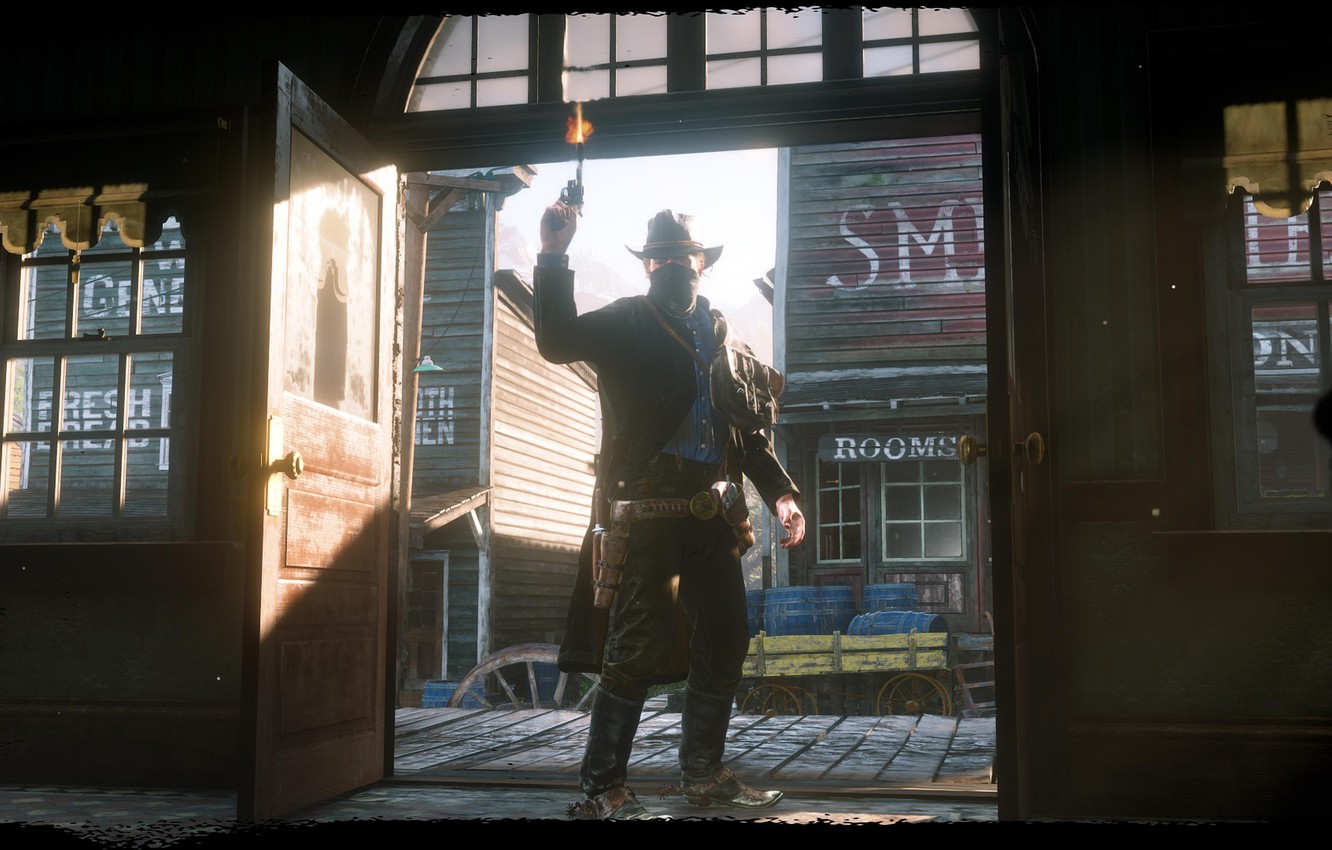Photo Wallpaper Hat, Revolver, The Saloon, Rockstar, - Red Dead Redemption 2 Bank Robbery , HD Wallpaper & Backgrounds