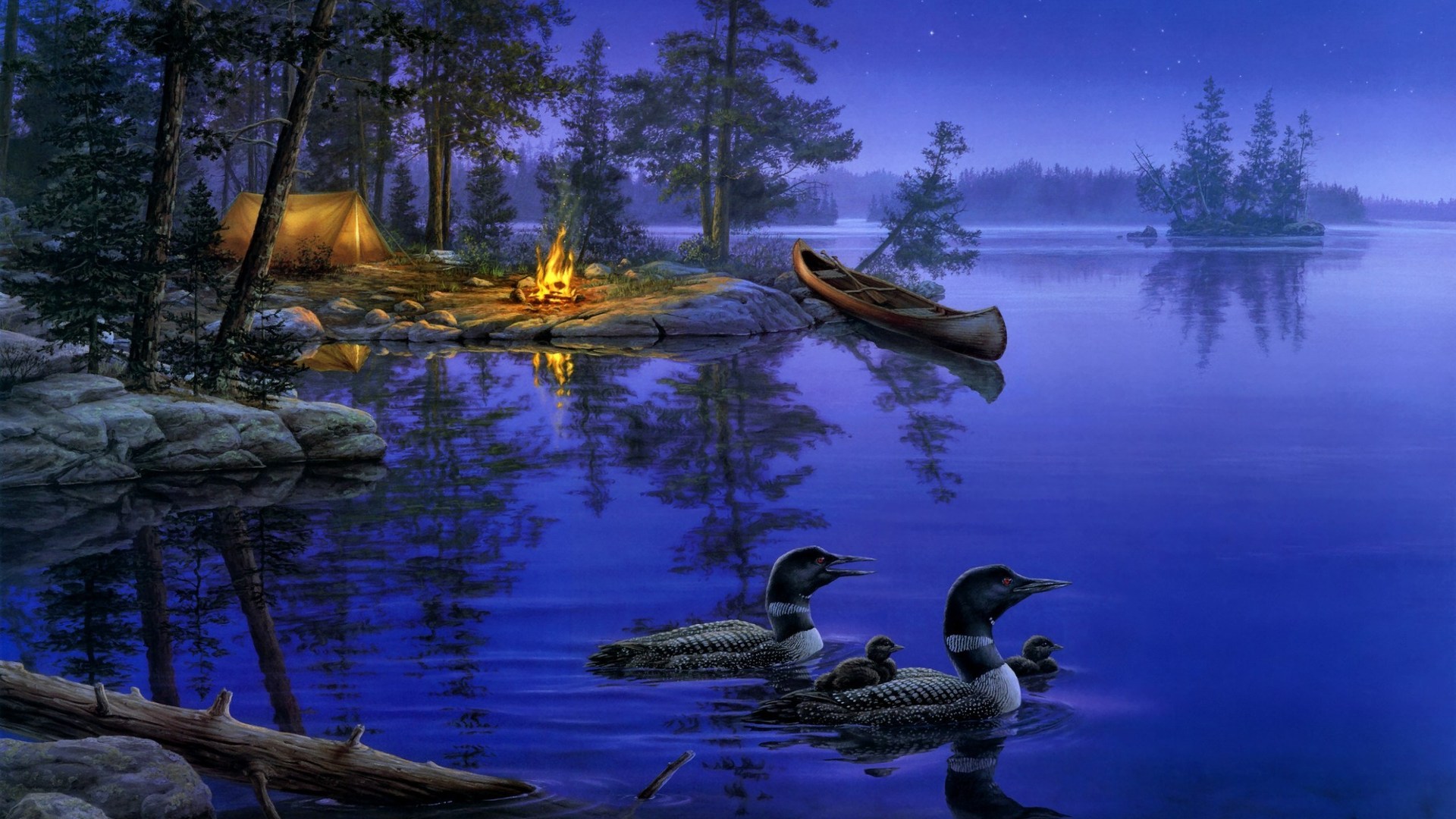 Night Lake Paintings , HD Wallpaper & Backgrounds