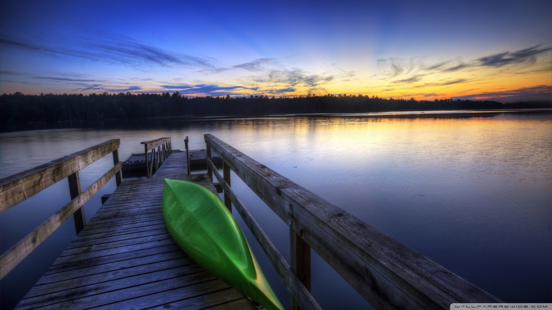 Canoe On Dock In Evening Lake Wallpaper - Dock On A Lake , HD Wallpaper & Backgrounds