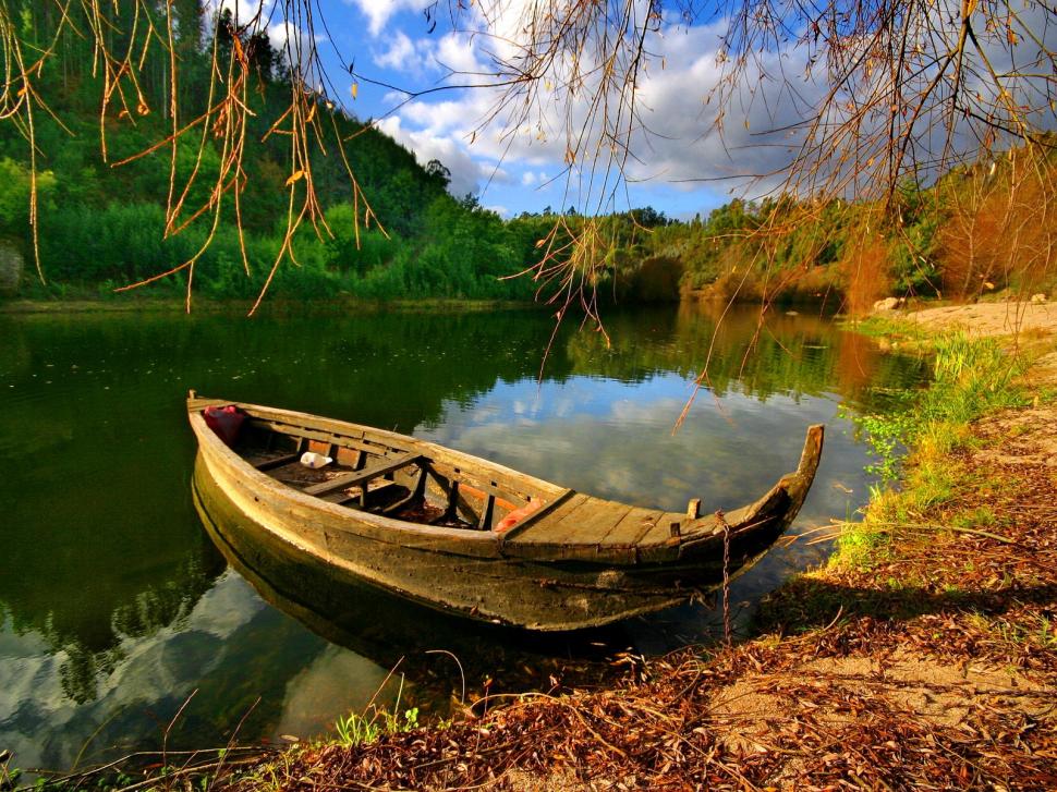 Boat Canoe Pond Shore Hd Wallpaper - Boat In The Forest , HD Wallpaper & Backgrounds