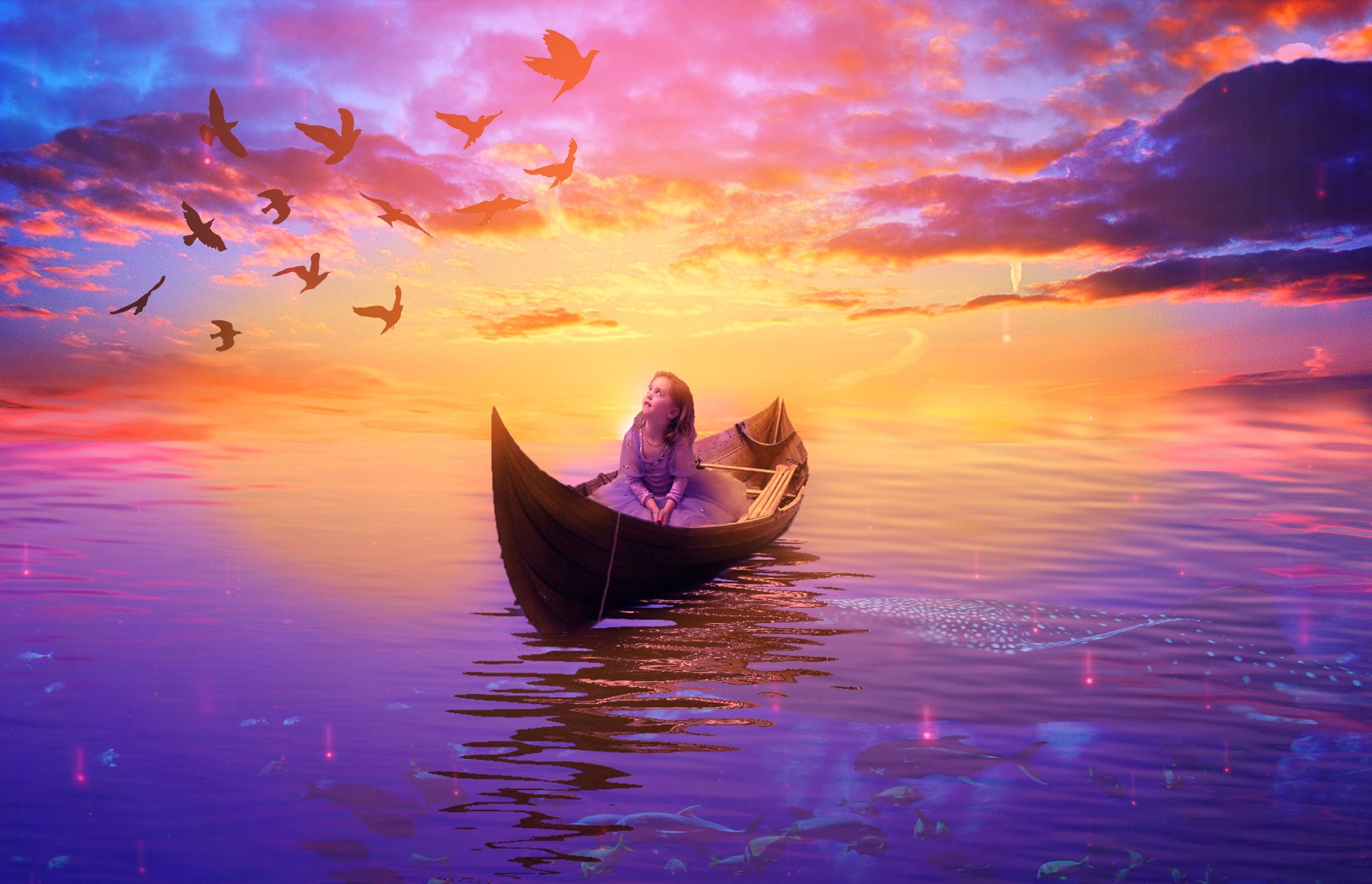 Woman Riding On Canoe With Flying Flock Of Birds With - Girl In The Boat , HD Wallpaper & Backgrounds