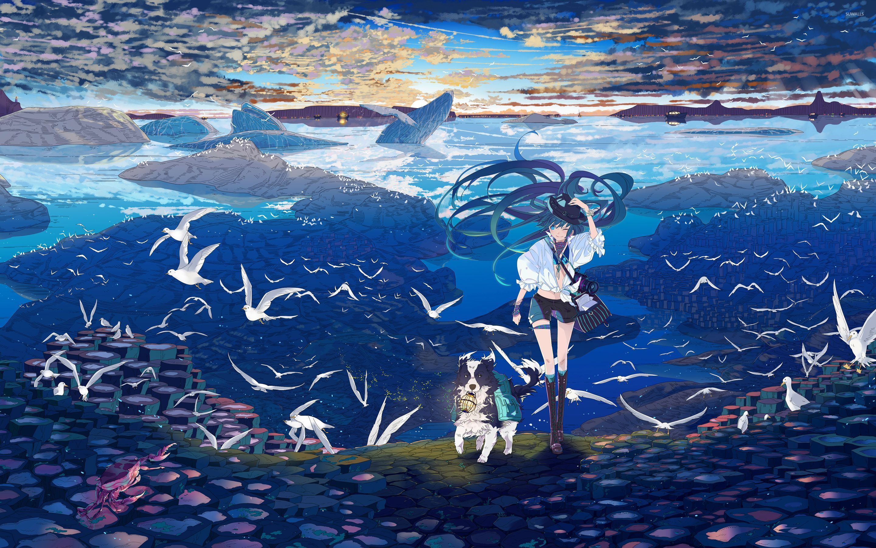 Hatsune Miku Hiking With Her Dog Wallpaper - Hatsune Miku Boat , HD Wallpaper & Backgrounds