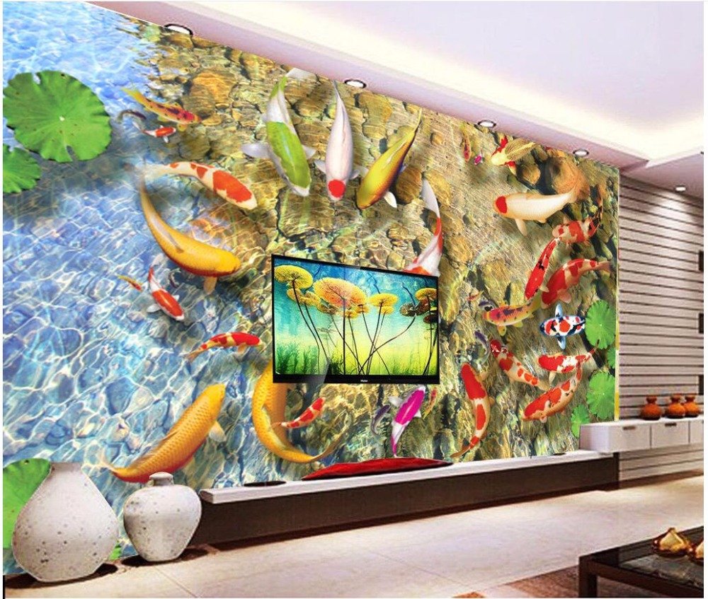 Lwcx Custom Mural 3d Photo Wallpaper Carp Lotus Pond - Tranh 3d Phong Thủy , HD Wallpaper & Backgrounds