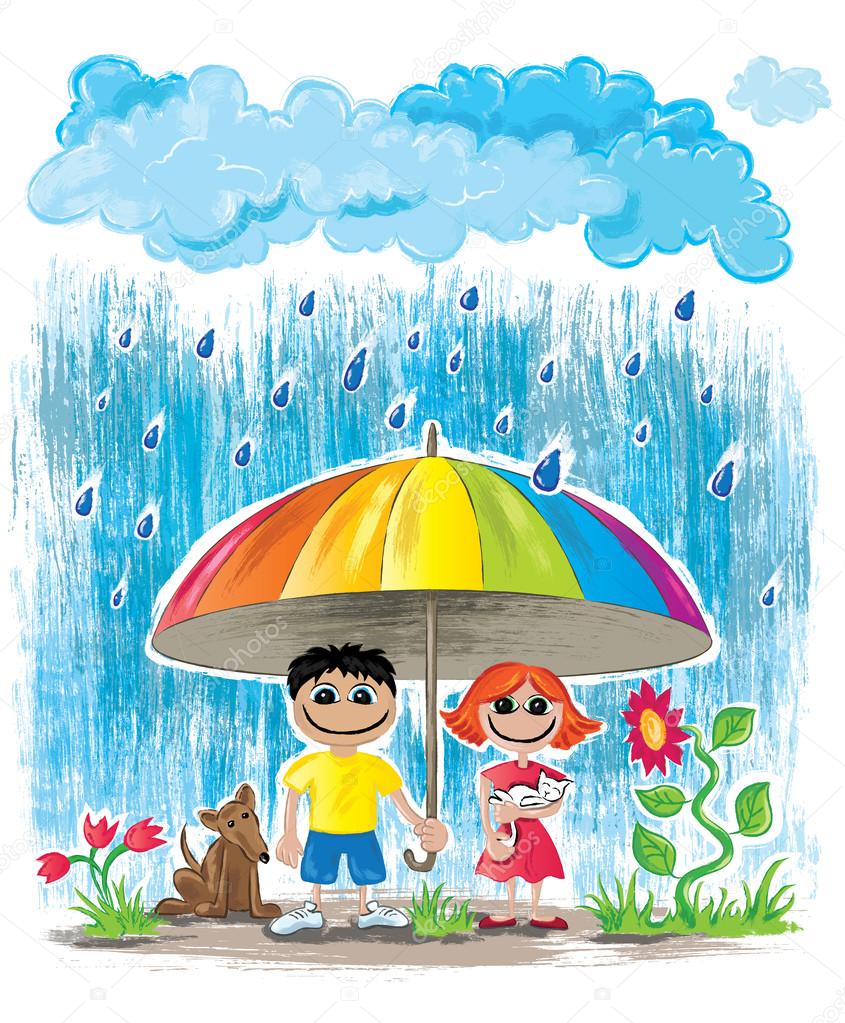 Rainy Weather Children With Umbrella Wallpaper Stock - Rainy Day For Kids , HD Wallpaper & Backgrounds