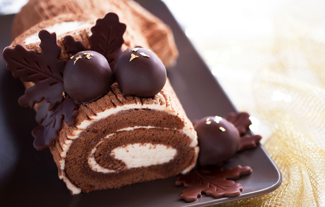 Photo Wallpaper Chocolate, Cake, Cake, Cream, Cakes, - Yule Log Cake Decoration , HD Wallpaper & Backgrounds