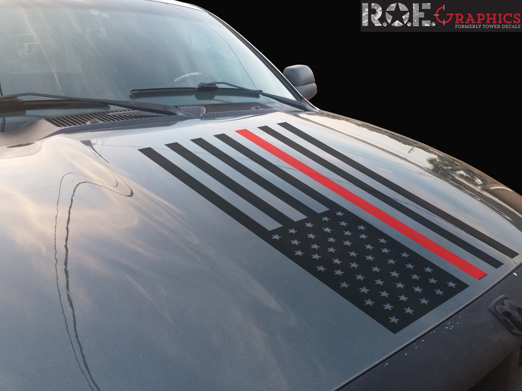 Thin Red Line American Flag Hood Vinyl Decal Firefighter - Dodge Ram American Flag Hood Decal , HD Wallpaper & Backgrounds