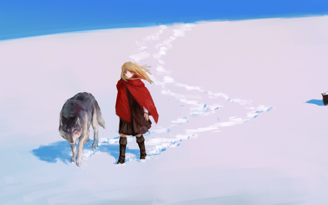 Anime Girl, Wolf, Snow, Walking, Footprint - Anime Walking In Snow , HD Wallpaper & Backgrounds