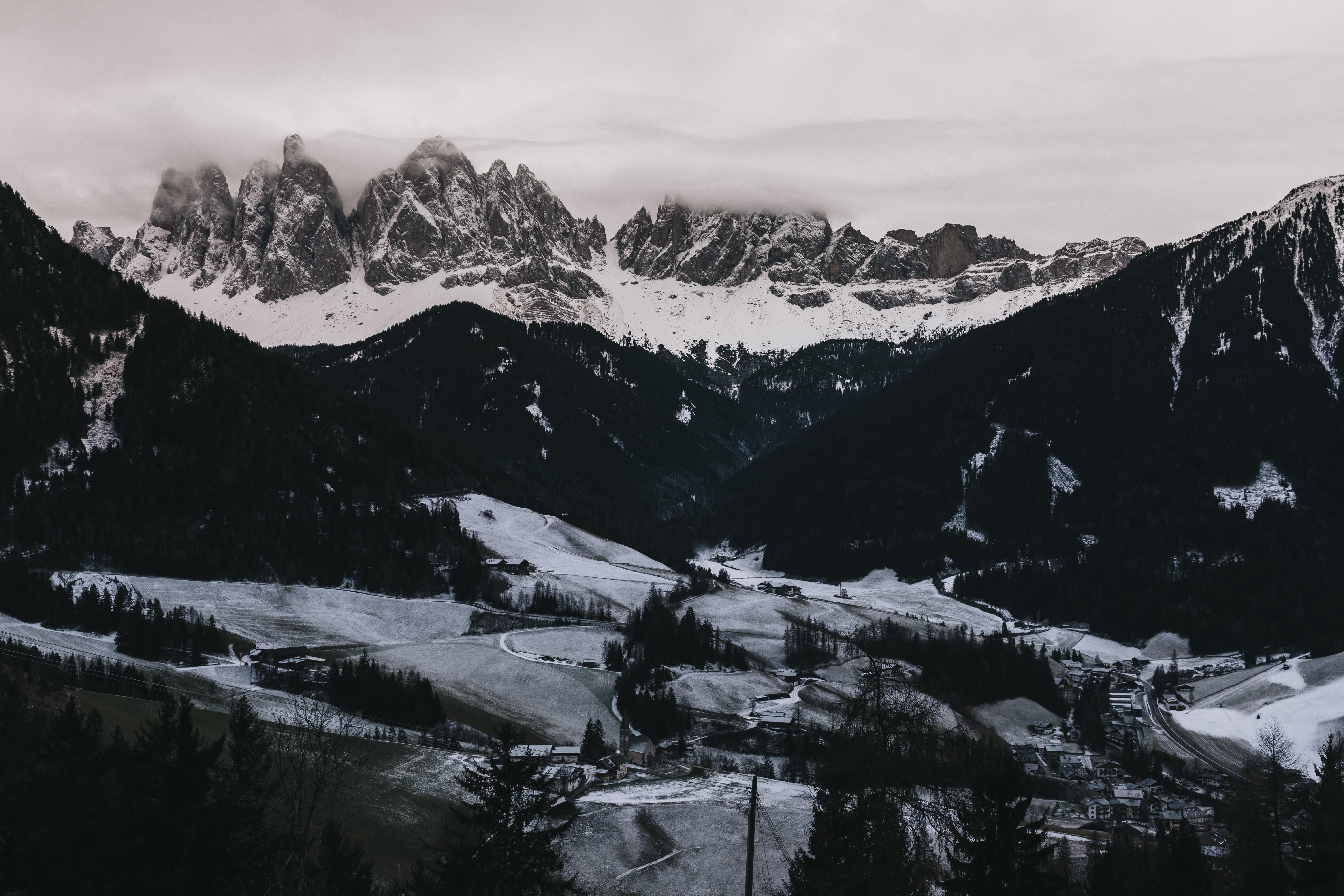 Mountains, Aerial View, Winter, Snow, Dolomites, Italy - Funes Valley , HD Wallpaper & Backgrounds