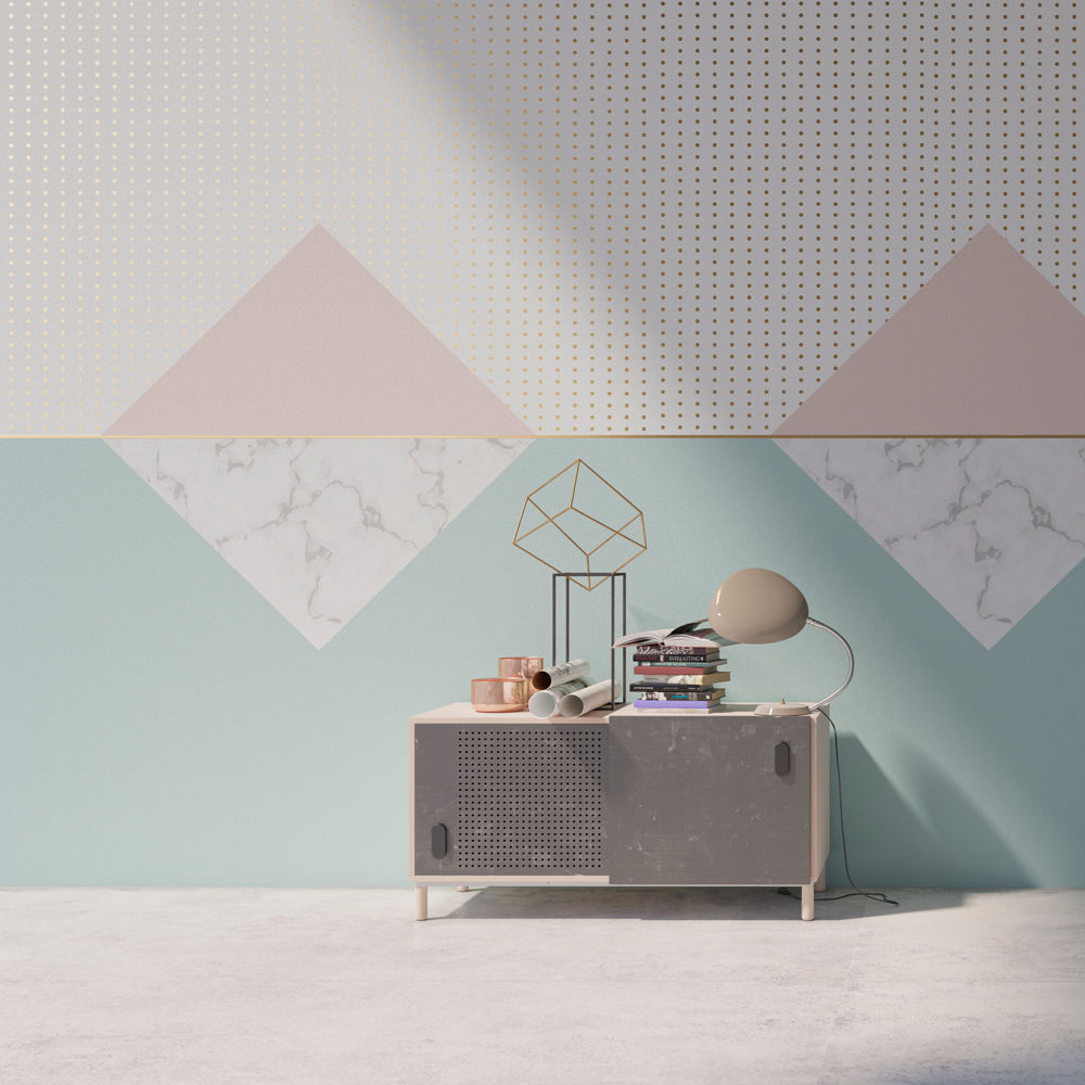 Contemporary Wallpaper / Geometric Pattern / Blue / - Blue Pink And Grey Geometric Wall , HD Wallpaper & Backgrounds