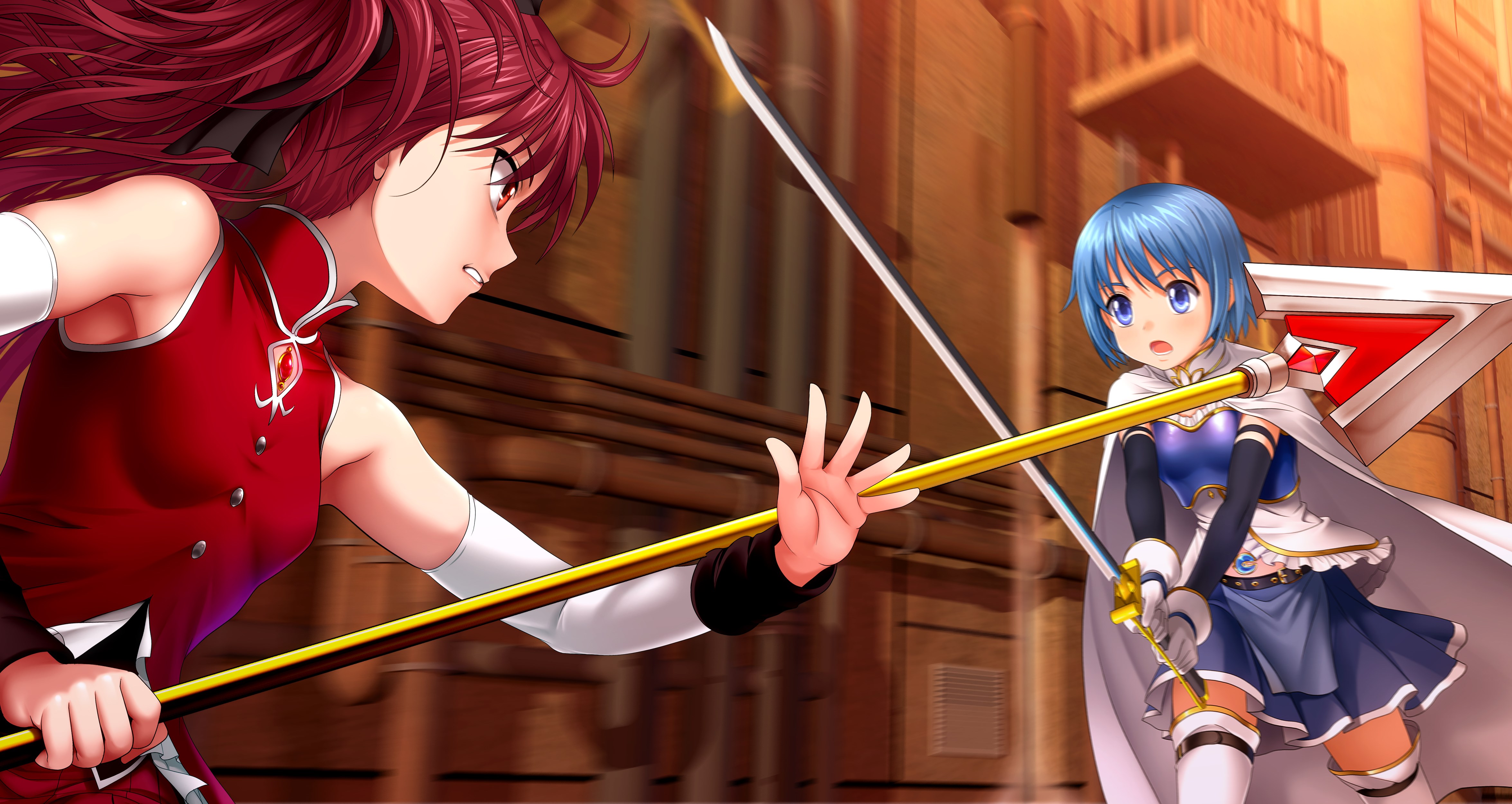 Puella Magi Madoka Magica 4k Ultra Hd Wallpaper - Anime Girl With Blue Hair And Sword , HD Wallpaper & Backgrounds