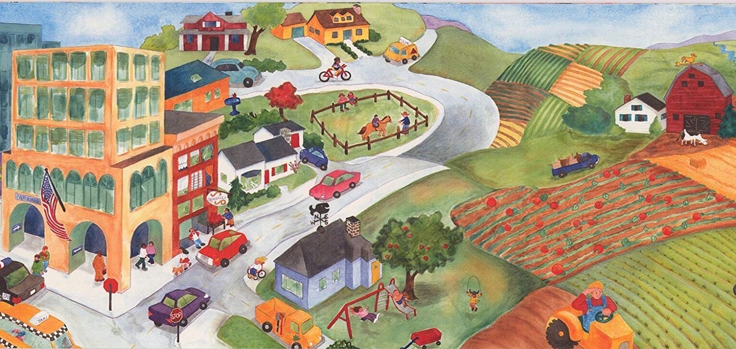 Cartoon American Township Kids Wallpaper Border For - الرسم على الجدار , HD Wallpaper & Backgrounds