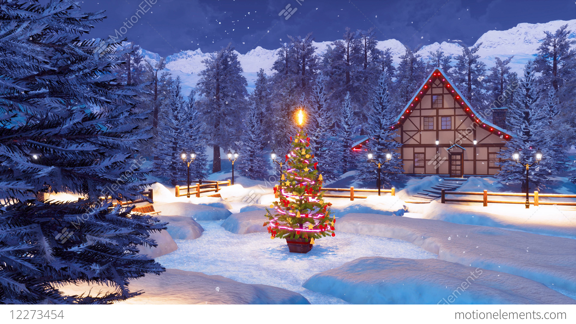 Snowy Alpine Mountain Township At Christmas Night Stock - Christmas Lights , HD Wallpaper & Backgrounds