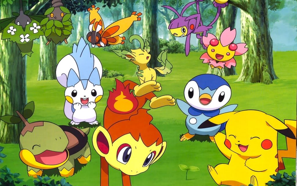 Pikachu, Chimchar, Turtwig, Piplup, Cherrim, Ambipom, - Pokemon Chimchar Turtwig Piplup , HD Wallpaper & Backgrounds