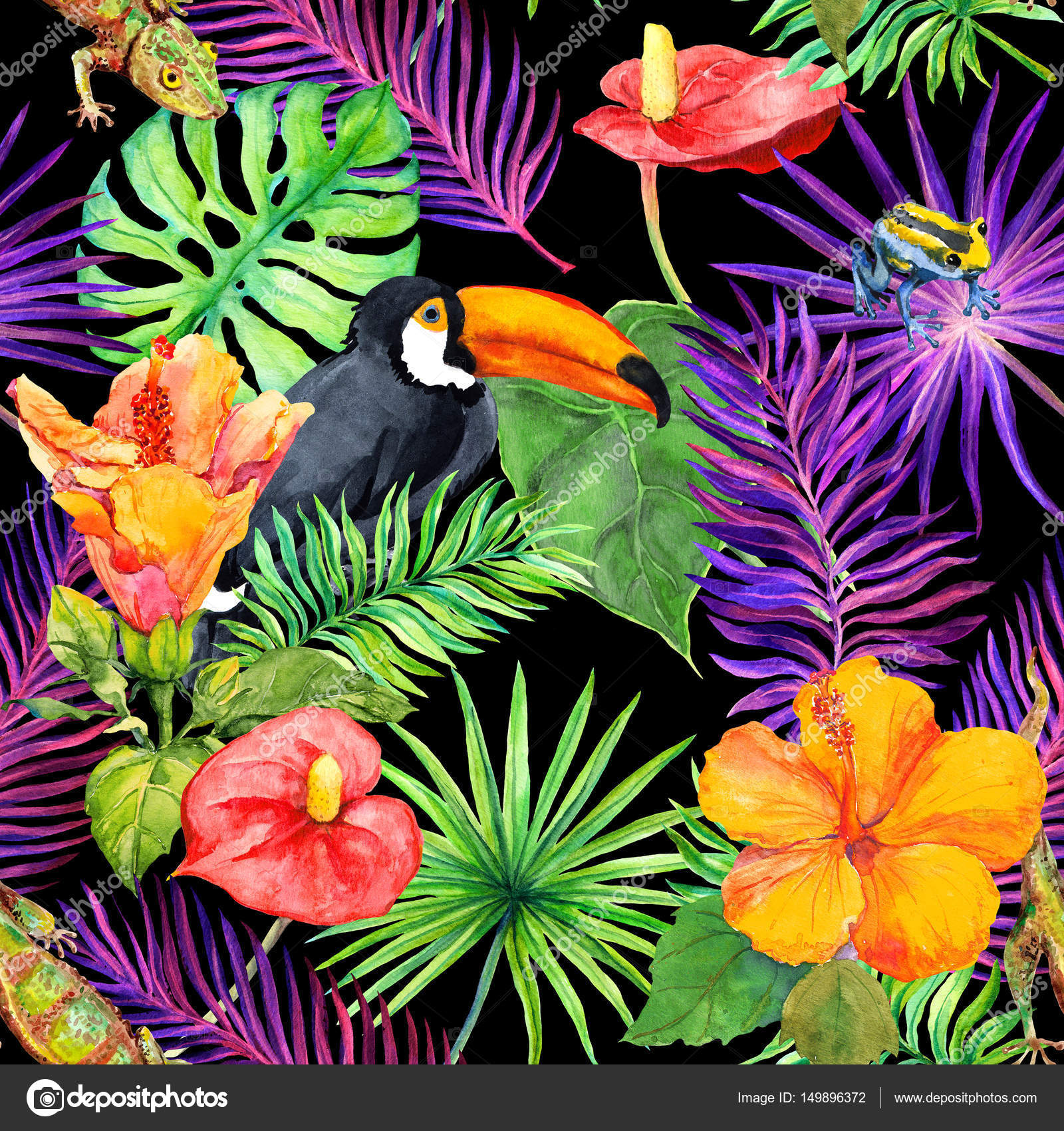 Tropical Leaves, Exotic Flowers, Toucan Bird And Gecko - Carta Da Parati Con Tucani , HD Wallpaper & Backgrounds