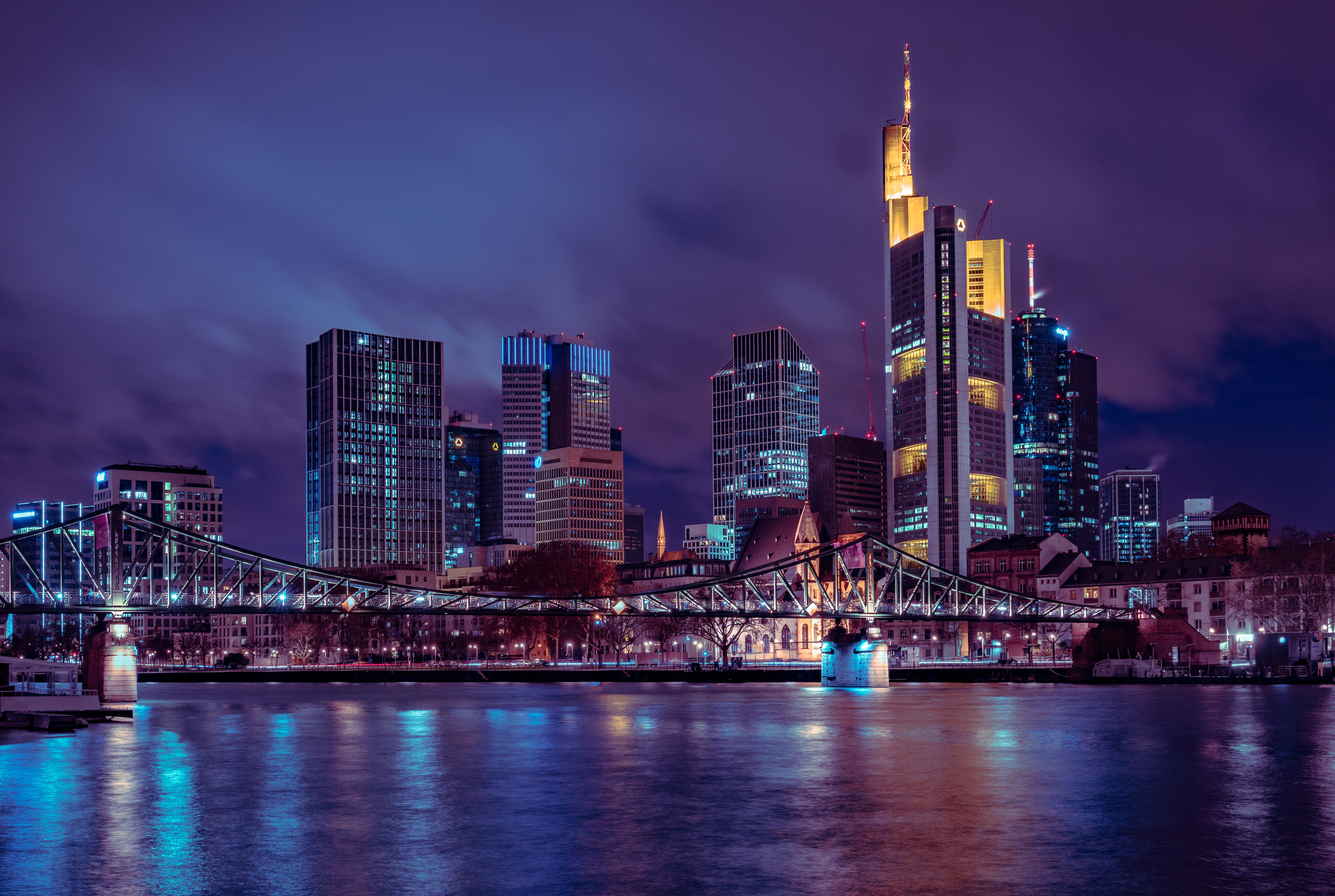Frankfurt, City, Germany, Skyscraper, Bridge, Night - Ночная Германия , HD Wallpaper & Backgrounds