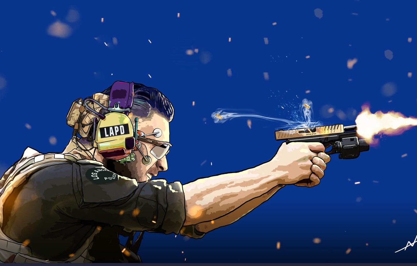 Photo Wallpaper Gun, Art, Shot, Cop, Cyberpunk, Officer, - Cop With Gun Art , HD Wallpaper & Backgrounds