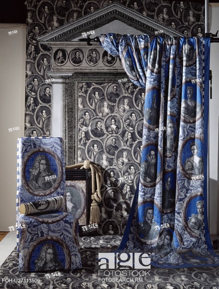 Blue Neoclassical Patterned Curtain And Chair With - Window Valance , HD Wallpaper & Backgrounds