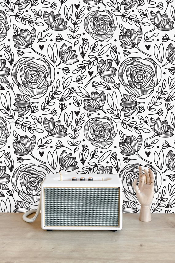 Black And White Floral Removable Wallpaper Peel And - Black And White Removable , HD Wallpaper & Backgrounds