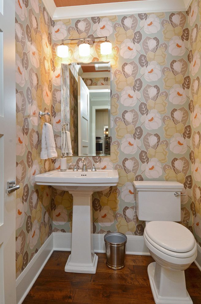 Basement Toilet Traditional Powder Room And Floral - Powder Room Mirror Frameless , HD Wallpaper & Backgrounds
