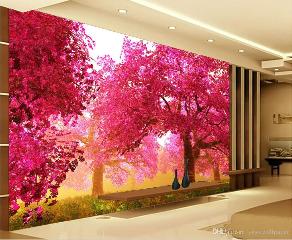 Pink Cherry Tree Grassland Tv Wall Decoration Painting - Japanese Cherry Blossom Red , HD Wallpaper & Backgrounds