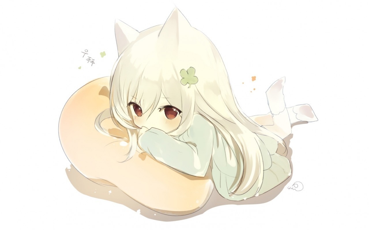 Anime Girl, Chibi, Cute, Animal Ears, Pillow - Cute Neko Anime Chibi , HD Wallpaper & Backgrounds