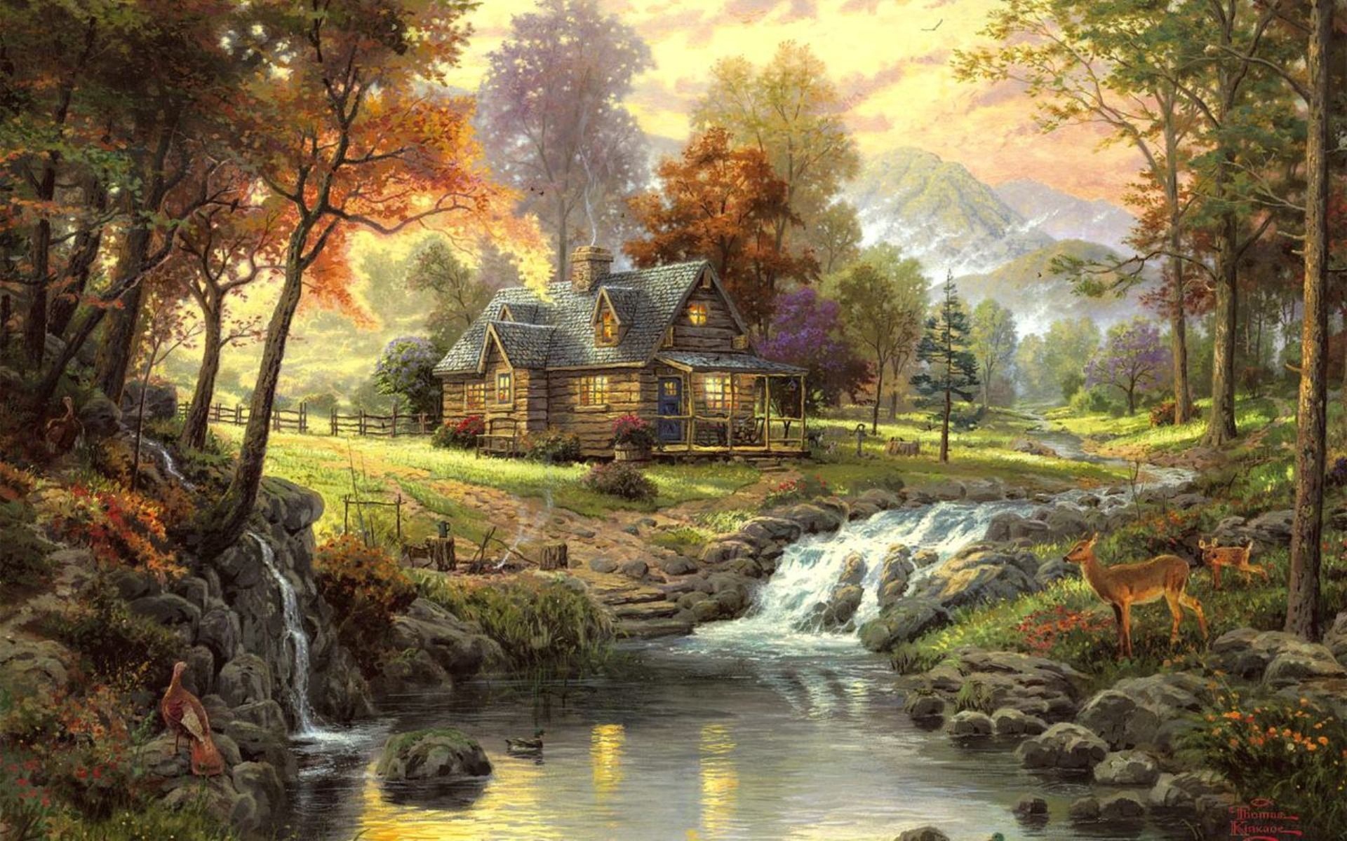 Landscape Painting Art House Forest River Animals - Bob Ross Painting 4k , HD Wallpaper & Backgrounds