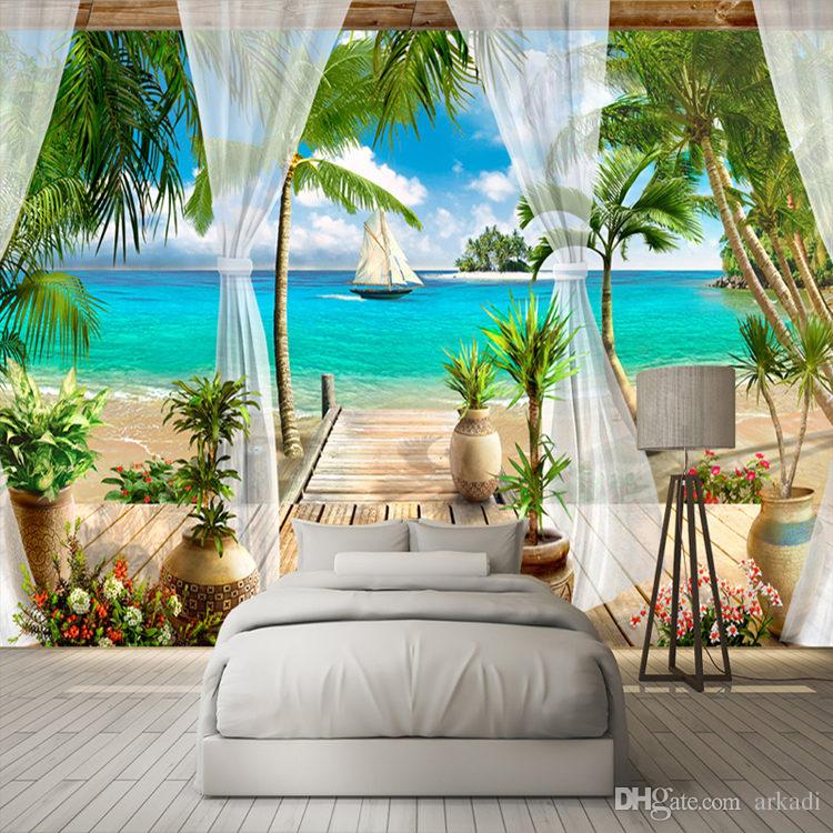 Custom 3d Photo Wallpaper Balcony Sandy Beach Sea View
