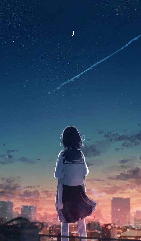 Anime Landscape, Crescent, Falling Star, School Girl, - Falling Star With Girl , HD Wallpaper & Backgrounds