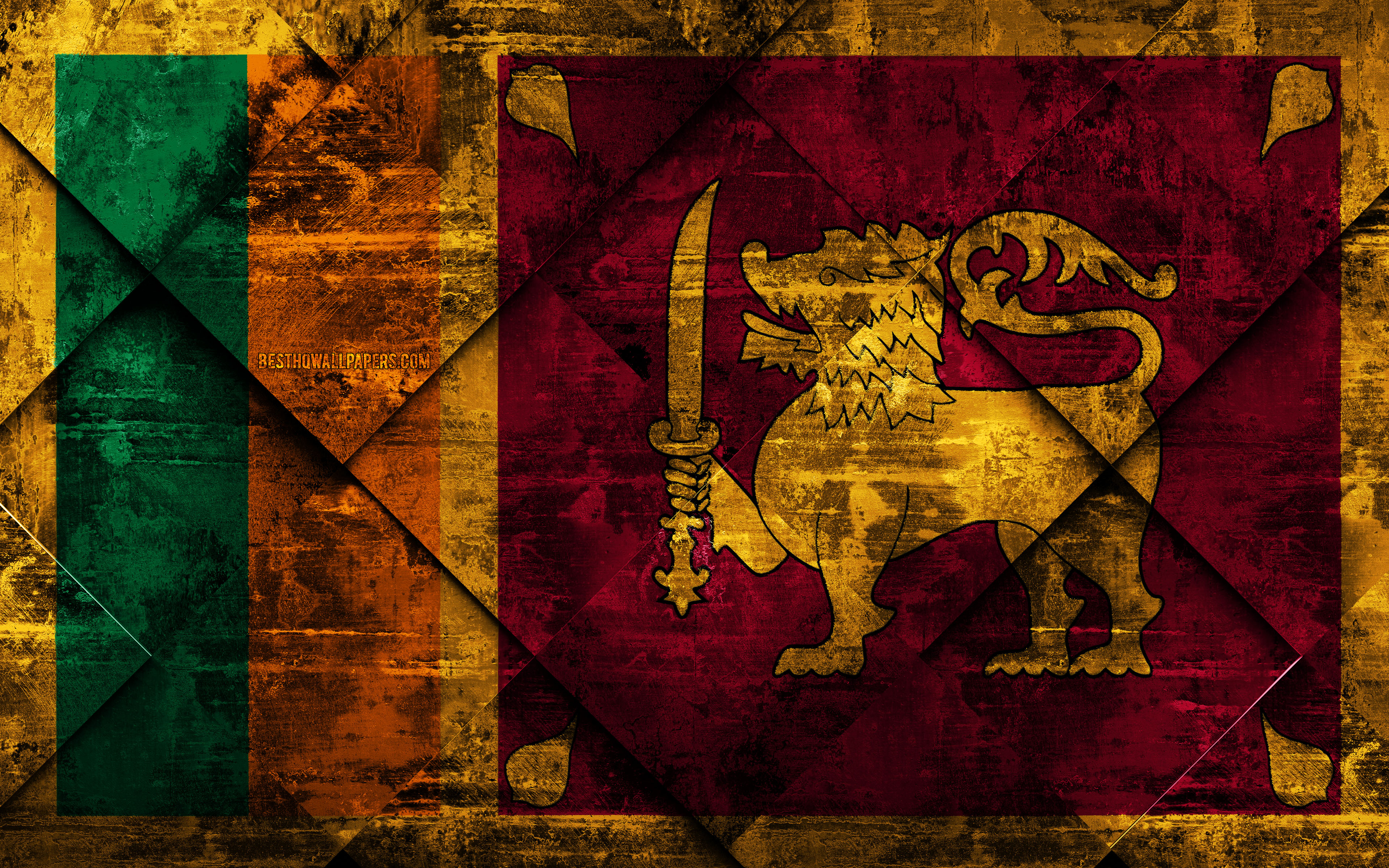 Flag Of Sri Lanka, 4k, Grunge Art, Rhombus Grunge Texture, - Šri Lanka Flag , HD Wallpaper & Backgrounds