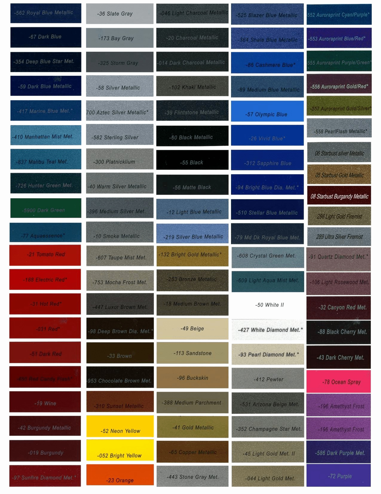 Paint Shop Colour Chart Automotive Color Paint Chart To Choose Color
