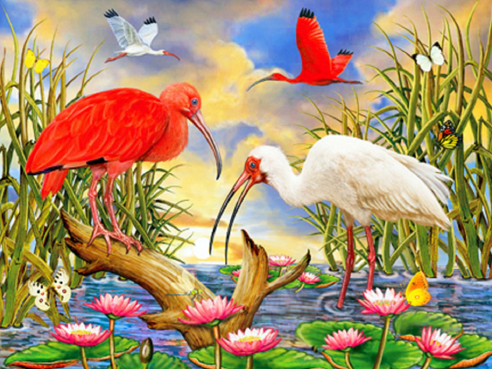 Bird Butterfly Wallpaper - Summer Birds Flowers Nature Painting , HD Wallpaper & Backgrounds