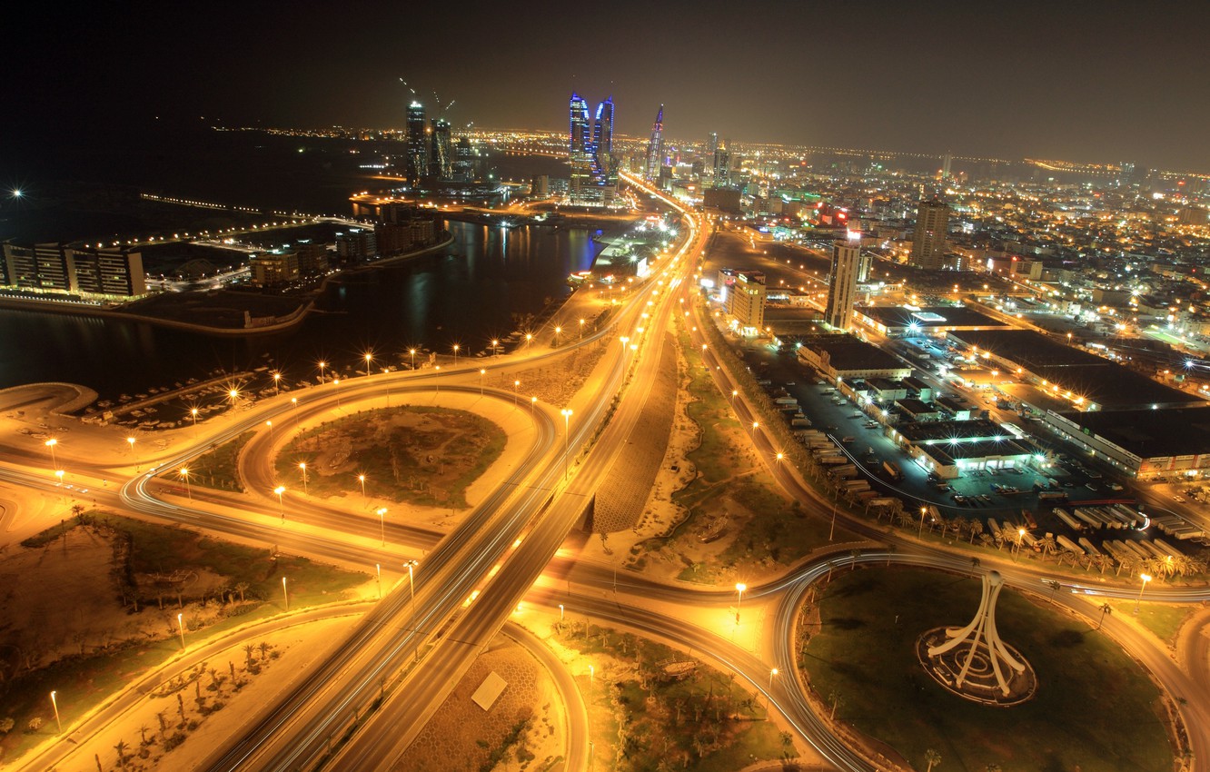 Photo Wallpaper Night, Lights, Building, Road, Horizon, - Bahrain's Economy , HD Wallpaper & Backgrounds