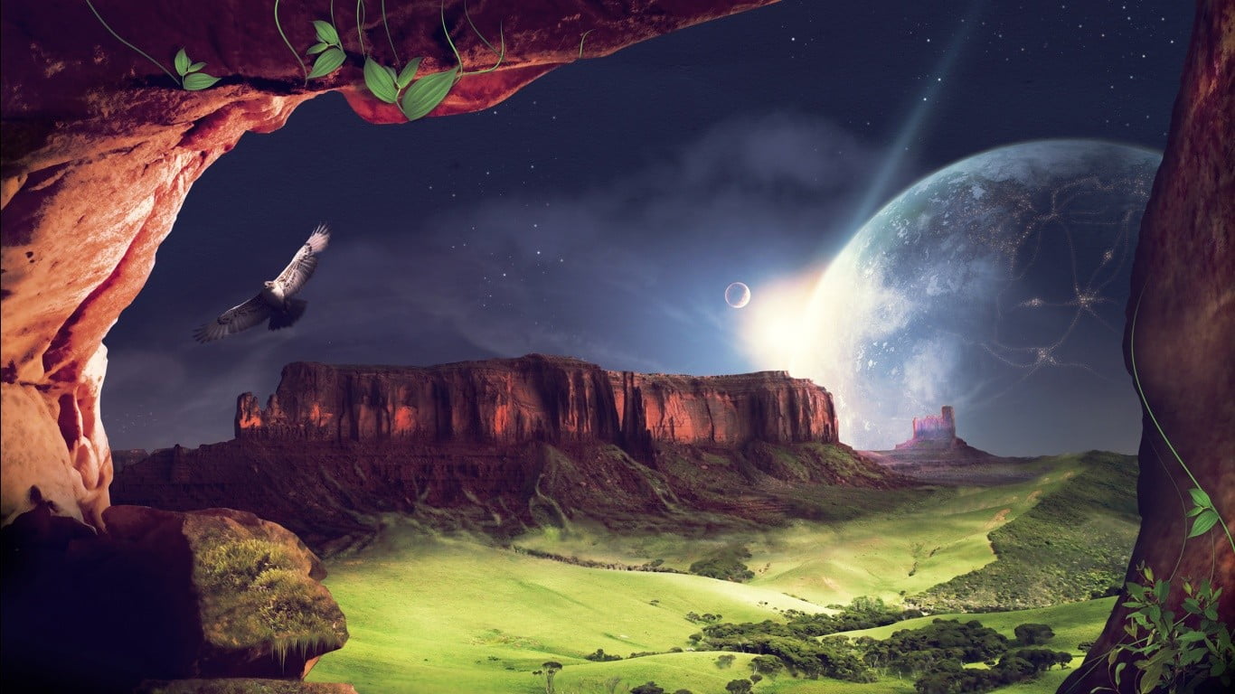 Eagle Flying Beside Rock Momentum With Full Moon Illustration - Magic World Wallpaper Hd , HD Wallpaper & Backgrounds