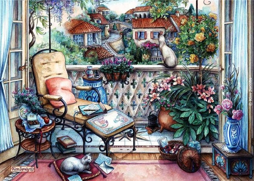 Comfortable Cozy Flowers Balcony Cats Painting Rug - Drawing , HD Wallpaper & Backgrounds