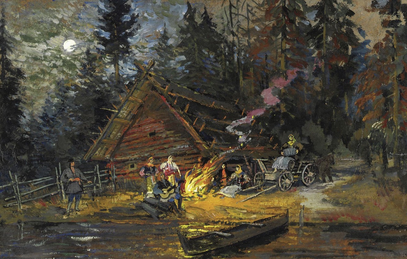 Photo Wallpaper Landscape, Boat, Picture, Hut, Konstantin - Избе Картина , HD Wallpaper & Backgrounds
