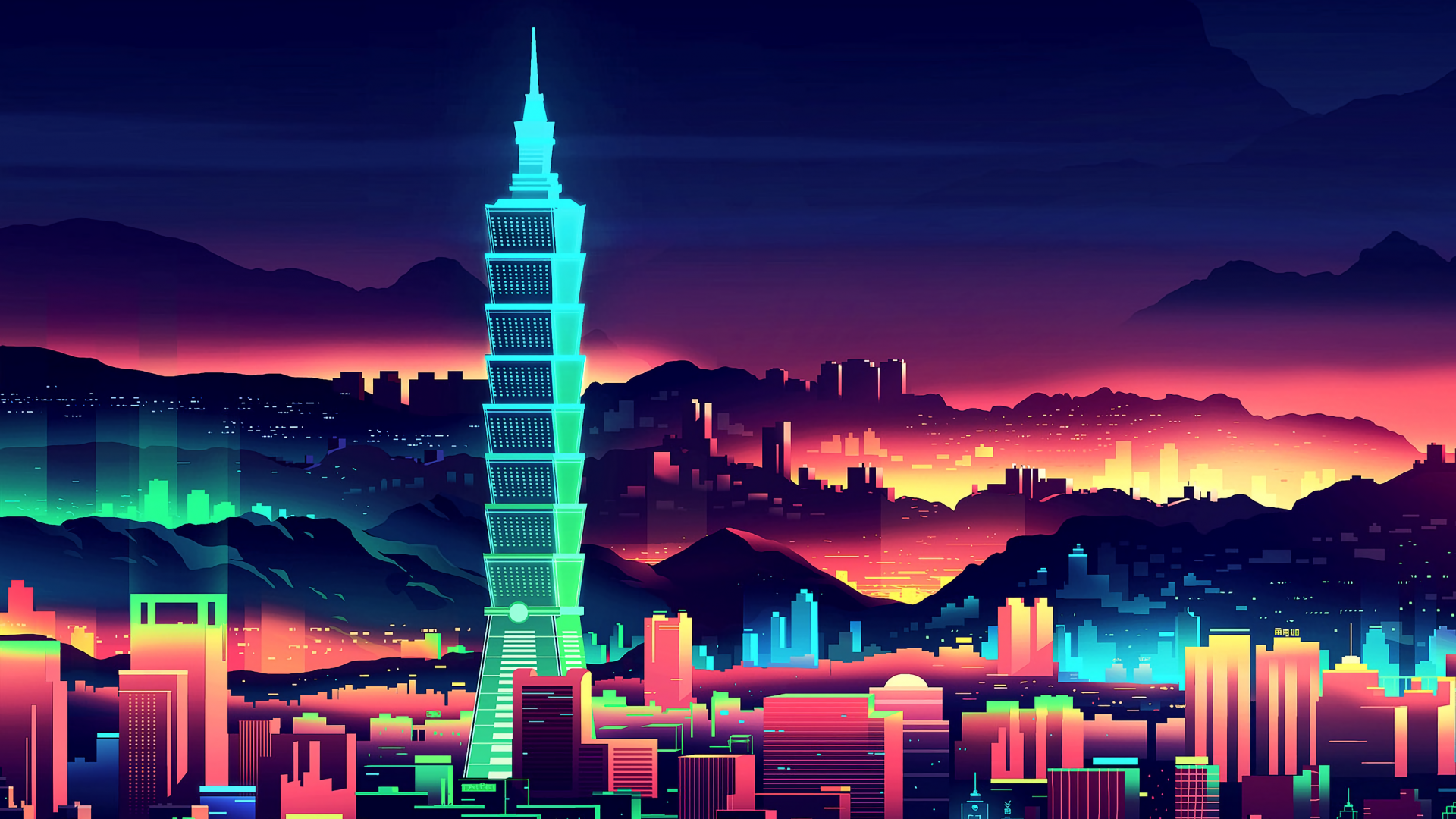 Taiwan Taipei, Skyscrapers, Flat Artwork - Neon City Wallpaper Ipad , HD Wallpaper & Backgrounds