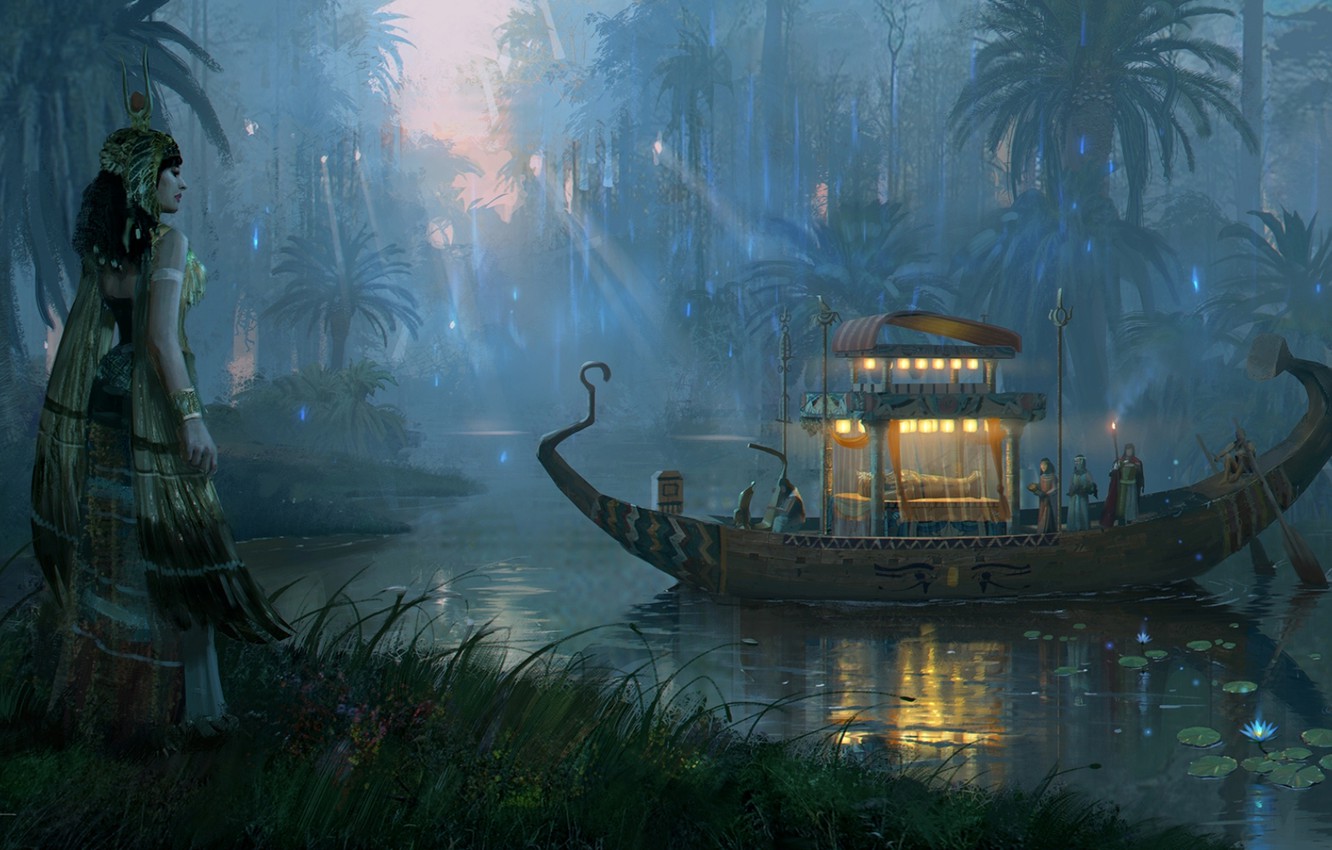 Photo Wallpaper River, Palm Trees, Boat, Ritual, Tent, - Nile River Fantasy Art , HD Wallpaper & Backgrounds
